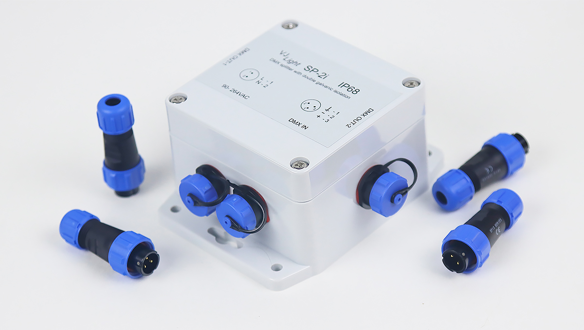 VJLight SP-2i - IP68 (IP67) DMX сплиттер-усилитель с двойной гальванической развязкой и индикаторами 1 вход - 2 выхода