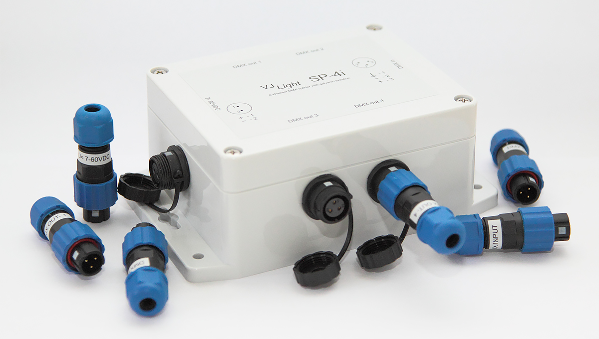 VJLight SP-4i - IP68 (IP67) DMX сплиттер-усилитель с двойной гальванической развязкой и индикаторами 1 вход - 4 выхода